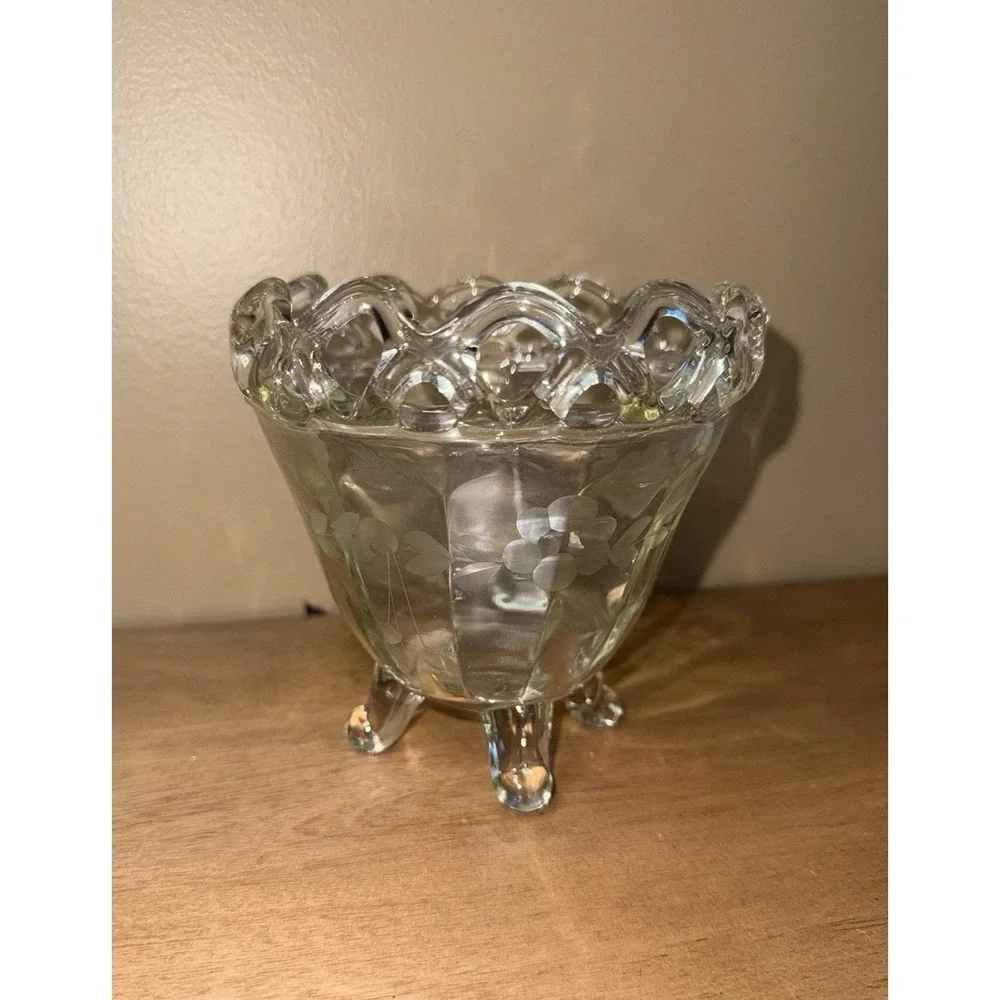 Vintage Clear Glass Etched Floral Footed Bowl Ruffled Crimped Rim 5 Inch Vase